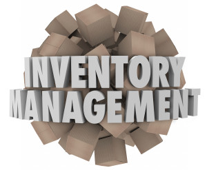 Inventory Management words in white 3d letters on a ball or sphere of cardboard boxes representing merchandise or stock in a logistics chain for a business or company